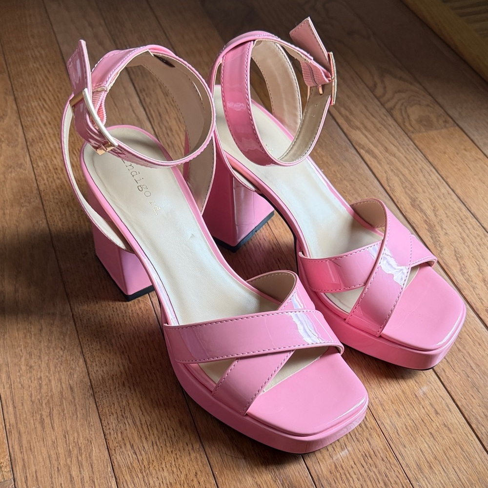 Indigo Patent Pink Platform Ankle-Strap Block Heels Barbiecore